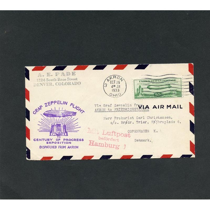 (R1287) USA Luftpostbrev sendt med Graf Zeppelin til Danmark  , se foto